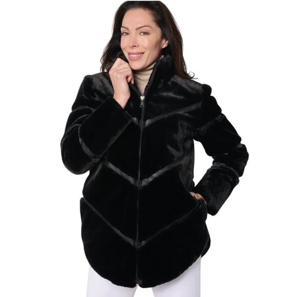 Dennis Basso Faux Fur Coat w/ Combo Pelting Detail – Black, Size 1X (New) - Picture 5 of 6